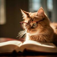 Foto von ein schön Katze mit Brille lesen ein Buch ai generativ