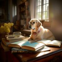 Foto von ein süß Hund mit Brille lesen ein Buch ai generativ