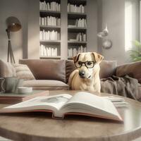 Foto von ein süß Hund mit Brille lesen ein Buch ai generativ