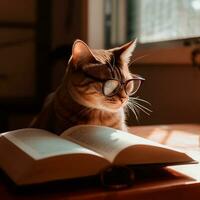 Foto von ein schön Katze mit Brille lesen ein Buch ai generativ