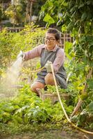 Freizeit Aktivitäten von asiatisch Frau im Zuhause Gemüse Garten foto