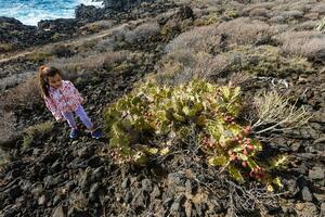 wenig Mädchen steht in der Nähe von ein Kaktus auf das Insel von Tenerife foto