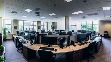 Panorama Aussicht von ein leeren Anruf Center Operator Arbeitsplatz. generativ ai foto