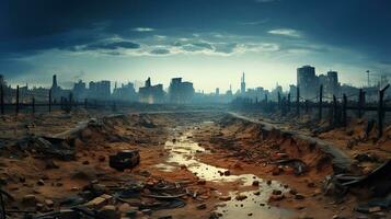 Gehen durch ein tot Stadtbild von ruiniert Strukturen Stadt verwüsten Ödland. generativ ai foto