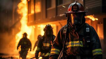 mutig Feuerwehrleute konfrontieren ein tobt lodern. generativ ai foto