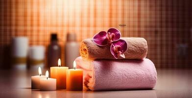 Gelassenheit Rückzug, verbessern feminin Schönheit mit Spa wesentliche, ein Stapel von Handtücher, und flackern Kerzen. generativ ai foto