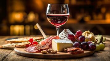herrlich Köstlichkeiten, ein Teller von Fleisch und Käse mit ein Wein Glas auf ein rustikal hölzern Tisch. generativ ai foto