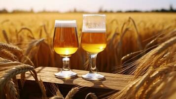 Licht, ungefiltert und dunkel Brille von Bier im ein Weizen Feld, generativ ai foto