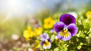 sonnendurchflutet Schönheit, Stiefmütterchen Blumen Blühen auf ein sonnig Tag. generativ ai foto