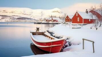 rot hölzern Boot bedeckt mit Schichten von Schnee, schön Winter Landschaft mit Schnee bedeckt rot Haus, generativ ai foto