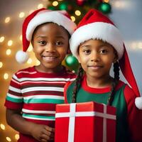 glücklich Kind mit ein Weihnachten Geschenk Kisten mit ein dekoriert Weihnachten Baum im ein Zimmer - - generiert Bild foto