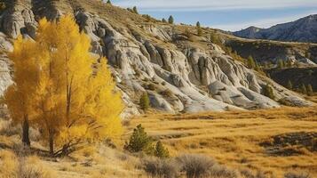 ein fesselnd Herbst Landschaft von sonnendurchflutet Gelb Bäume inmitten felsig Terrain. generativ ai foto