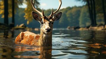 ein Hirsch im ein Körper von Wasser. generativ ai foto