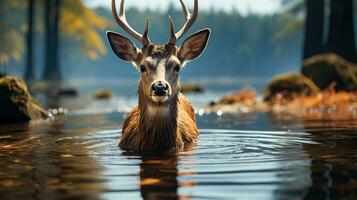 ein majestätisch Hirsch inmitten das Gewässer. generativ ai foto