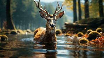 ein heiter Hirsch waten durch das Wasser. generativ ai foto