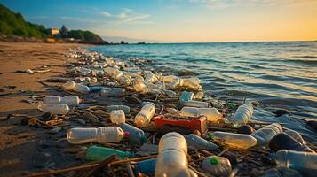 ein verheerend Szene von Plastik Verschmutzung auf ein einstmals makellos Strand. generativ ai foto