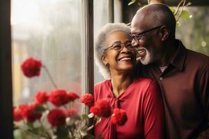 gesund afrikanisch amerikanisch Senior Paar lächelnd glücklich und Umarmen zusammen, Liebe und Beziehung Konzept, ai generiert foto