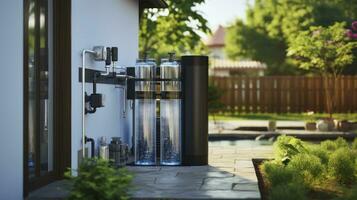 Wasser Filtration System im das Hinterhof zum Zuhause Wasser Filterung. generativ ai foto