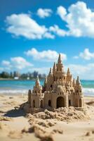 ein einzigartig Sand Schloss mit verschwommen Strand Hintergrund ai generiert foto