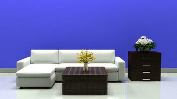 modern und luxuriös Sofa mit Tabelle und Blumen- Dekoration. farbig Mauer Hintergrund. foto