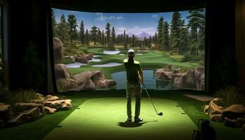 Innen- Golf Banner. ai generativ. Mann spielen Golf auf Simulator oder Fahren Angebot alle Jahr runden. Golfspieler mit das Golf Kurs. Golf Feld Bildschirm. Golf Zimmer. foto