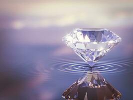 Luxus shinning Diamant ausgewogen auf wellig Wasser Oberfläche mit reflektiert Himmel Hintergrund, Diamant Hintergrund, foto