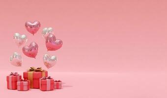 3d Rendern Hintergrund mit herzförmig Luftballons und Geschenk Kisten, geeignet zum Valentinstag Tag, Hochzeiten, Geburtstage, usw. foto