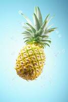 ai generiert Ananas mit Wasser spritzt isoliert auf Licht Blau Hintergrund. ai generiert. foto