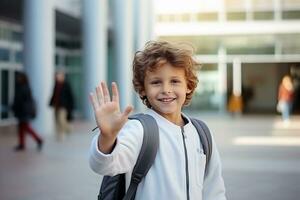 lächelnd Junge im Weiß Jacke mit ein Rucksack winken seine Hand im das Straße auf seine Weg zu Schule. ai generiert. foto