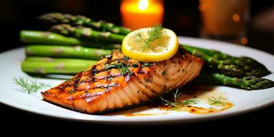 ai generiert Lachs Steak, gegrillt rot Fisch serviert auf ein Teller mit Zitrone und Spargel. ästhetisch Bild zum Restaurant, Speisekarte. foto