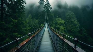 ai generiert generativ ai, Wipfel Einsteigen Brücke auf neblig Tanne Wald schön Landschaft im Hipster Jahrgang retro Stil, nebelig Berge und Bäume. foto