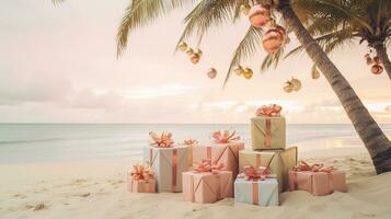 ai generiert generativ ai, Weihnachten auf das Strand. Geschenke, Weihnachten Baum, Palme, Ozean und Stühle. Ferien Konzept foto