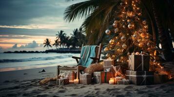 ai generiert generativ ai, Weihnachten auf das Strand. Geschenke, Weihnachten Baum, Palme, Ozean und Stühle. Ferien Konzept foto