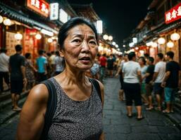 Foto von Senior alt Frau mit wütend Stimmung im China lokal Straße Markt beim Nacht, generativ ai