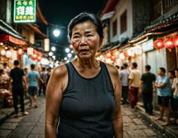 Foto von Senior alt Frau mit wütend Stimmung im China lokal Straße Markt beim Nacht, generativ ai