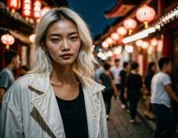 Foto von schön jung Mädchen im China lokal Straße Markt beim Nacht, generativ ai