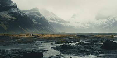 ai generiert generativ ai, Island schön nebelig wild Landschaft mit Berge, ästhetisch stumm geschaltet Farben, foto