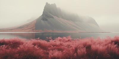 ai generiert generativ ai, Island schön nebelig wild Landschaft mit Berge, ästhetisch stumm geschaltet Farben, foto
