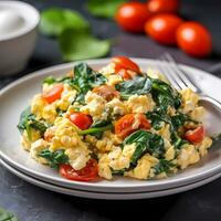 ai generiert Omelette mit Kirsche Tomaten und Spinat gesund Frühstück gesund Essen Konzept foto