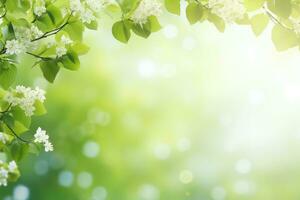 schön Frühling Hintergrund mit Grün Blätter und Weiß Blumen auf Bokeh, Frühling Hintergrund oder Sommer- Hintergrund mit frisch Grün, ai generiert foto
