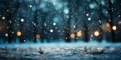 Winter Schneefall Banner Landschaft Hintergrund mit festlich Abend Stadt Beleuchtung im das Hintergrund. ai generativ foto