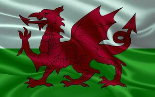 3d winken realistisch Seide National Flagge von Wales. glücklich National Tag Wales Flagge Hintergrund. schließen oben foto