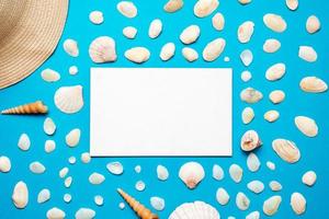 Muscheln mit Kopienraum für Text auf blauem Papierhintergrund. Draufsichtvorlage für Ihr Design. foto