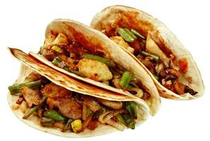 vegan Tacos mit Auster Pilze, Brokkoli, Mais, Lauch, Pfeffer und Grün Bohnen foto