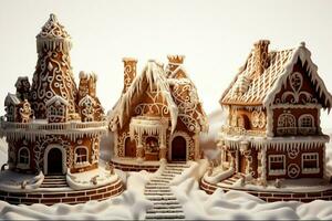 ai generiert Weihnachten Lebkuchen Haus magisch Fee Geschichte Schloss im schneebedeckt Winter von zuckerhaltig Träume ai generiert foto