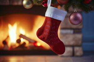 ai generiert Weihnachten festlich Feierlichkeiten rot Socke hing durch das Kamin warten Weihnachtsmänner froh Überraschungen ai generiert foto