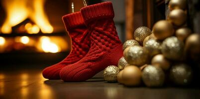 ai generiert Weihnachten festlich Feierlichkeiten rot Socke hing durch das Kamin warten Weihnachtsmänner froh Überraschungen ai generiert foto