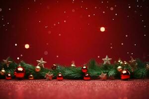ai generiert magisch Urlaub Weihnachten Hintergrund ein funkelnd Baum und Bokeh Beleuchtung auf rot ai generiert foto