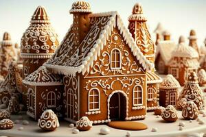 ai generiert Weihnachten Lebkuchen Haus magisch Fee Geschichte Schloss im schneebedeckt Winter von zuckerhaltig Träume ai generiert foto