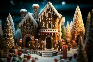 ai generiert Weihnachten Lebkuchen Haus magisch Fee Geschichte Schloss im schneebedeckt Winter von zuckerhaltig Träume ai generiert foto